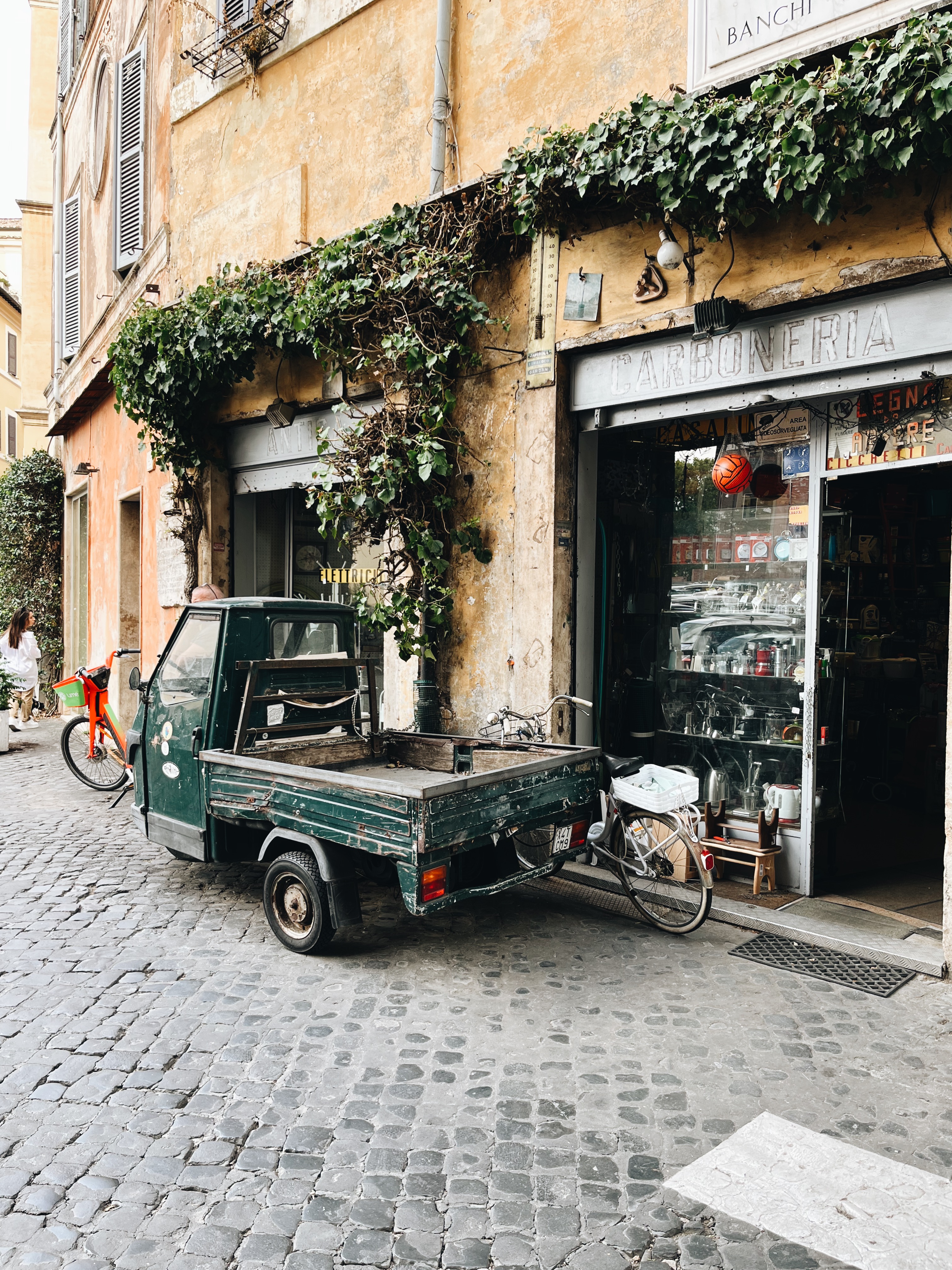 Old truck parked outside a vine-covered village shop